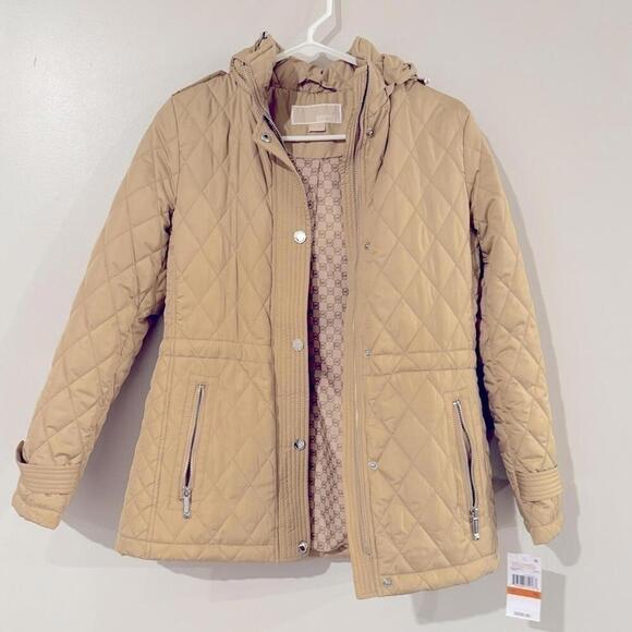 MICHAEL KORS Women Petite Quilted Hooded Anorak Coat Belted Jacket camel… - Picture 2 of 7